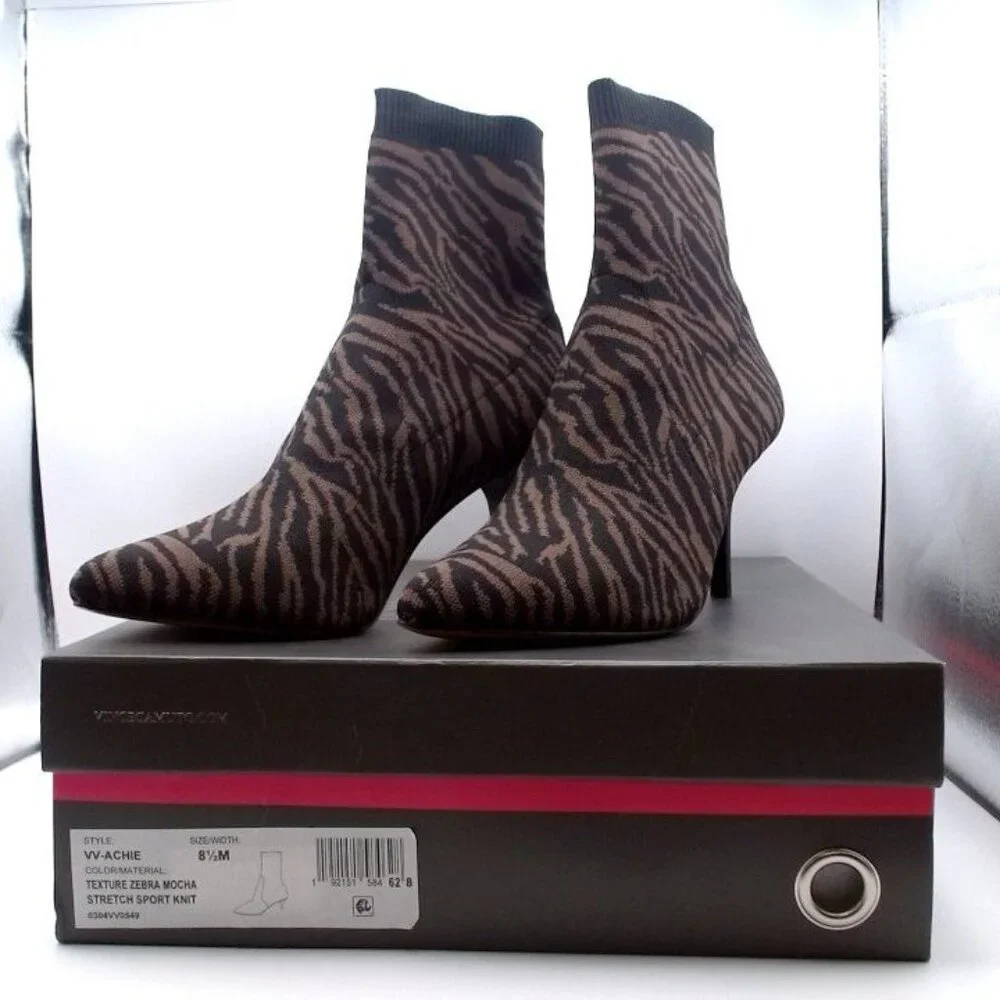 Vince Camuto “Achie” Zebra Mocha Stretch Knit Pointed Ankle‎ Boots NEW